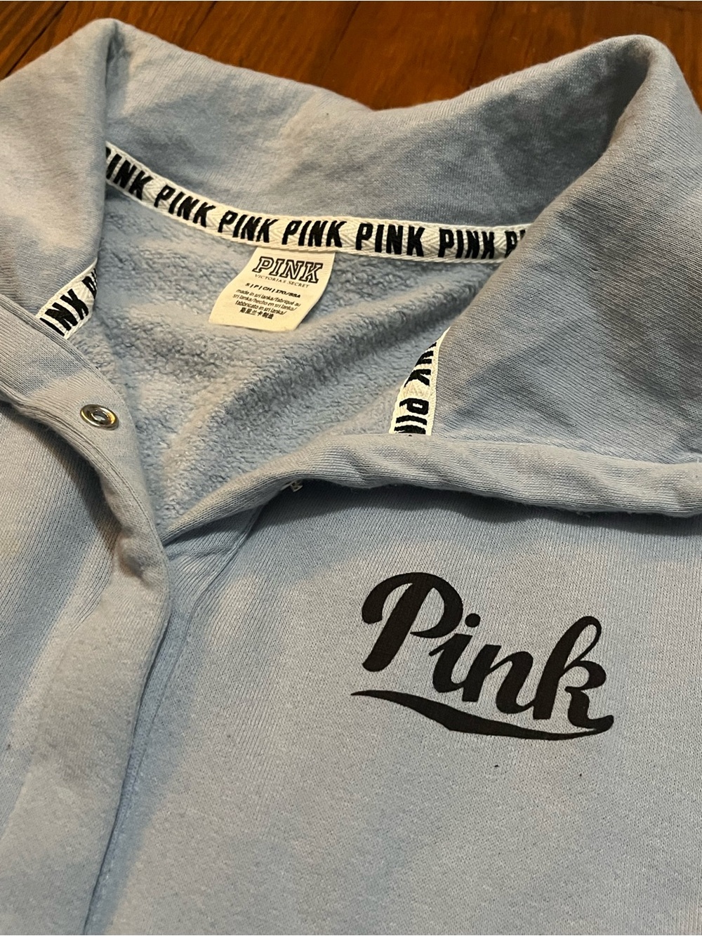 PINK Victoria's Secret Light Blue Kids Fleece Pajama Top with Black Logo